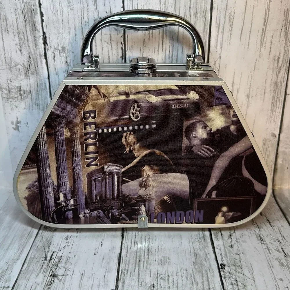 Vintage Hard Shell BERLIN LONDON PARIS Handbag Jewelry‎ Case Organizer Footed